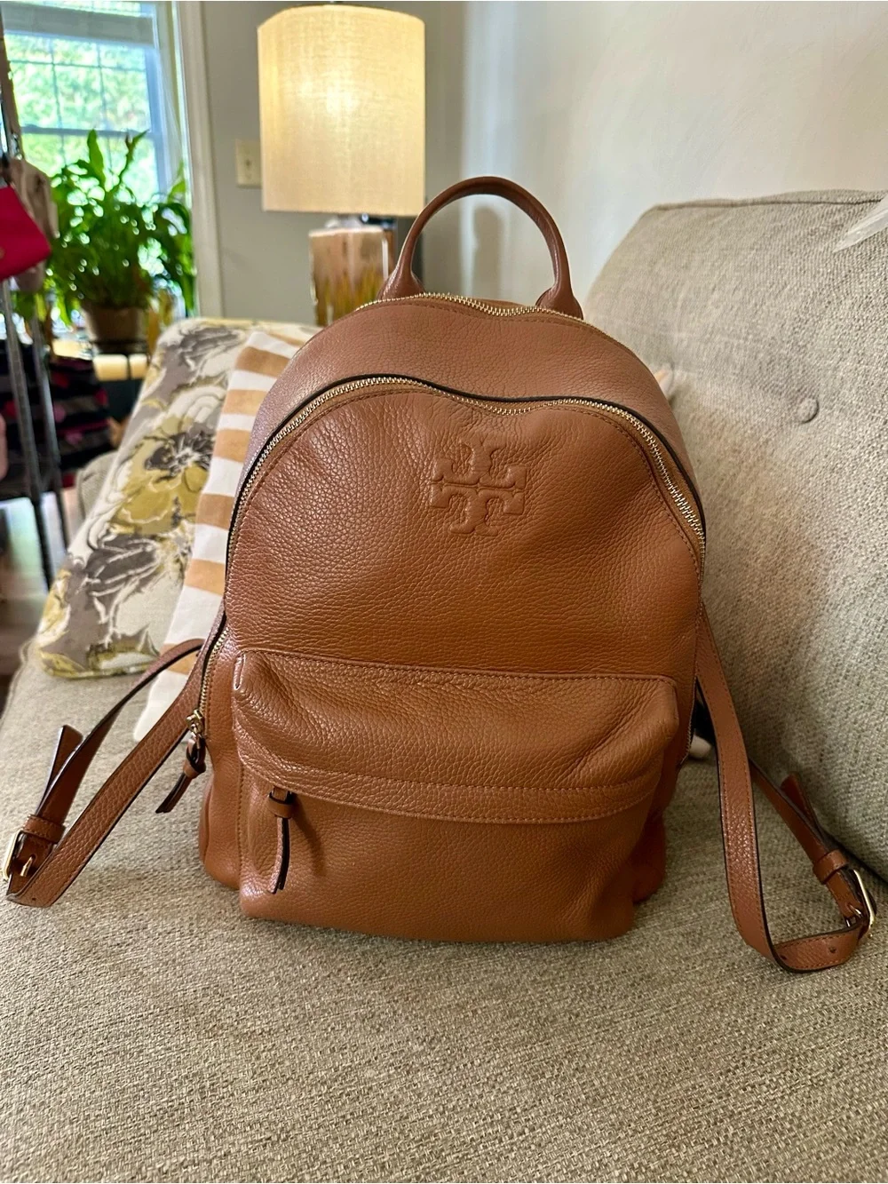 Tory Burch Theo Pebbled Leather Backpack Cognac Brown Large Travel Laptop Bag